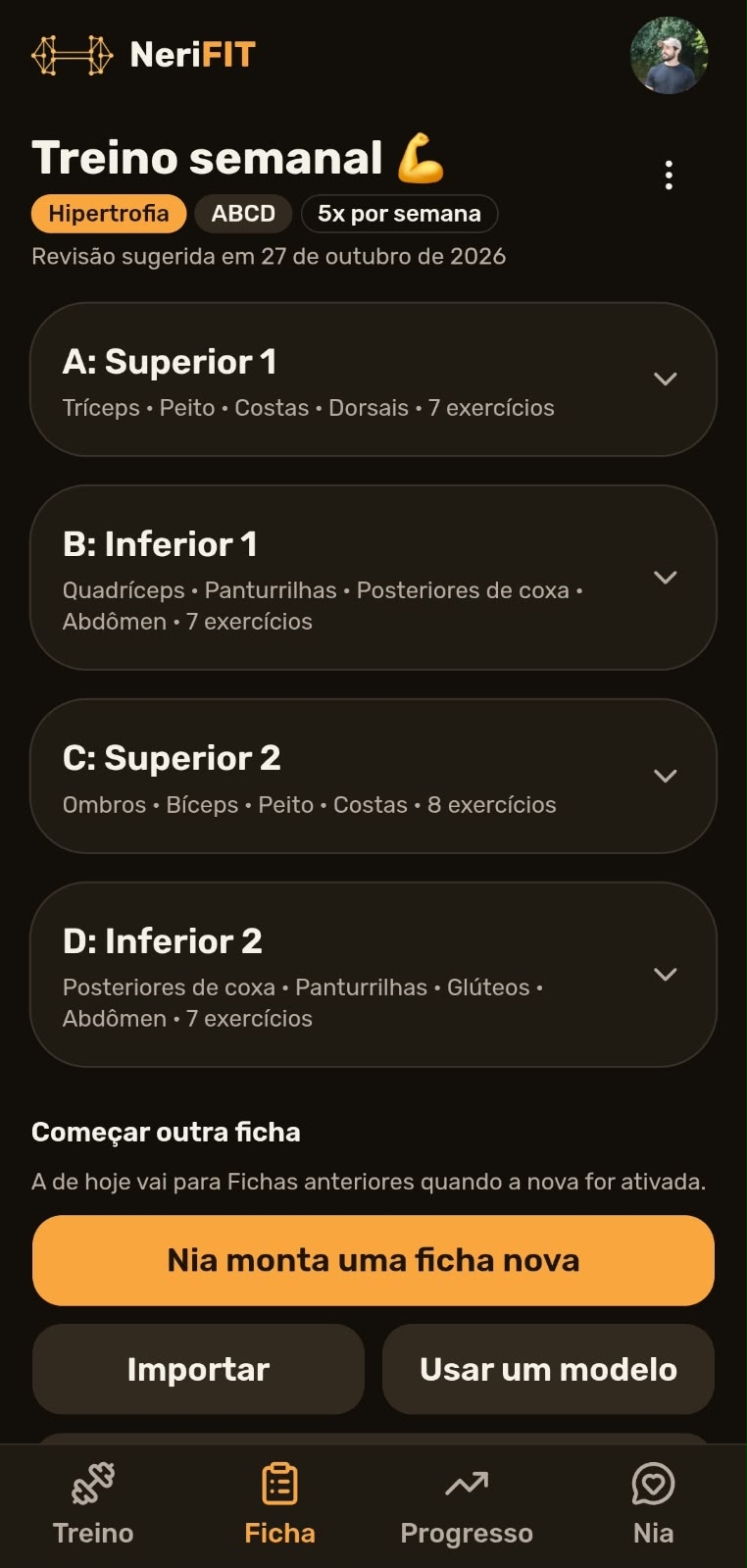 Tela da ficha do NeriFIT: treino ABCD dividido por grupos musculares