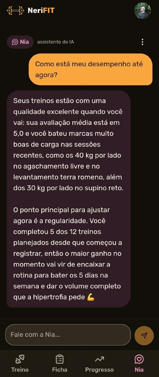 Conversa com a Nia: ela resume o mês de treino com os números da pessoa